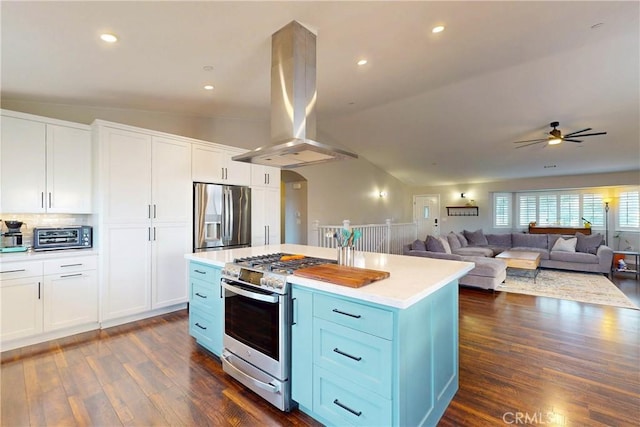 200 Cyclone St, Nipomo, CA 93444 - kitchen with stainless steel appliances, island exhaust hood, a ceiling fan, vaulted ceiling, and dark wood-style flooring
