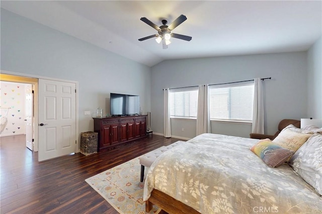 200 Cyclone St, Nipomo, CA 93444 - bedroom featuring vaulted ceiling, dark wood-style flooring, a ceiling fan, and baseboards