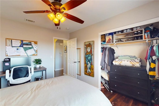 200 Cyclone St, Nipomo, CA 93444 - bedroom featuring dark wood-style flooring, a closet, a ceiling fan, a desk, and baseboards