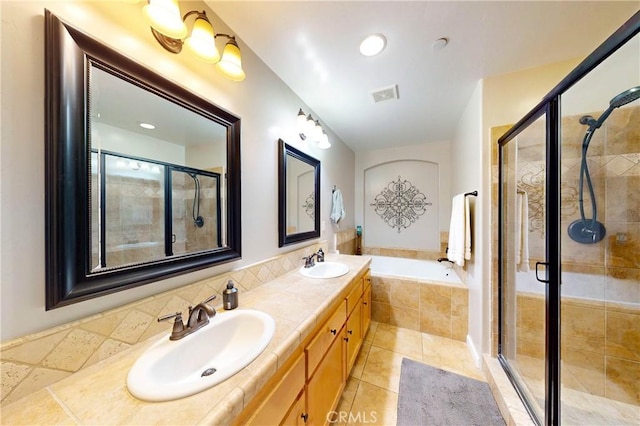 200 Cyclone St, Nipomo, CA 93444 - full bath featuring a bath, a stall shower, double vanity, and tile patterned flooring