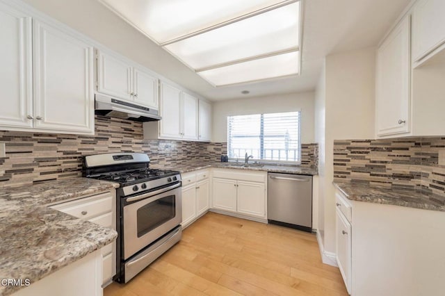 1029 Gilbert Ln, Ventura, CA 93003 - kitchen with appliances with stainless steel finishes, under cabinet range hood, and white cabinetry
