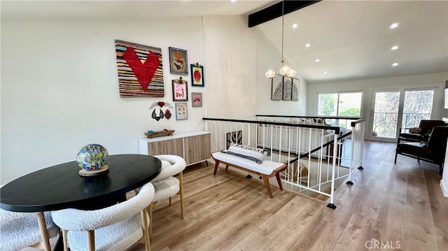11467 Tampa Ave Unit 154, Porter Ranch, CA 91326 - hall with an upstairs landing, beam ceiling, wood finished floors, recessed lighting, and high vaulted ceiling
