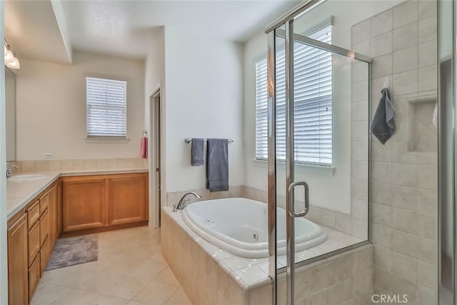3607 Cascara Ct, Simi Valley, CA 93065 - bathroom with a jetted tub, vanity, a shower stall, and tile patterned flooring