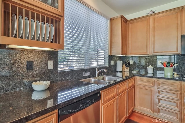 3607 Cascara Ct, Simi Valley, CA 93065 - kitchen featuring dishwasher, a sink, decorative backsplash, and dark stone countertops