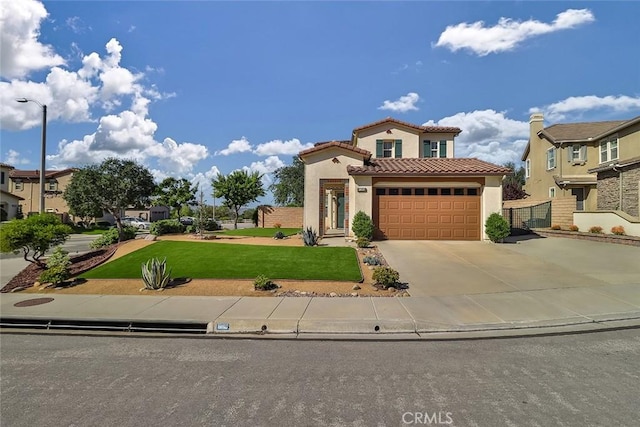 3607 Cascara Ct, Simi Valley, CA 93065 - mediterranean / spanish-style house with stucco siding, driveway, a tiled roof, and a front lawn