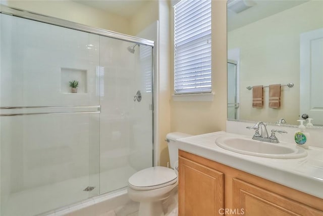 3607 Cascara Ct, Simi Valley, CA 93065 - bathroom featuring toilet, a stall shower, vanity, and tile patterned floors