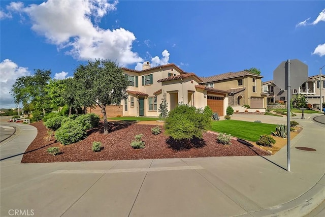 3607 Cascara Ct, Simi Valley, CA 93065 - mediterranean / spanish home with a tile roof, an attached garage, stucco siding, a chimney, and concrete driveway