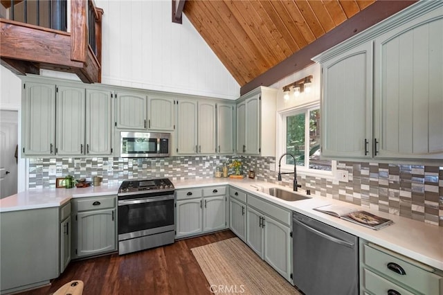 635 Grass Valley Rd, Lake Arrowhead, CA 92352 - kitchen featuring stainless steel appliances, a sink, wood ceiling, dark wood finished floors, and light countertops