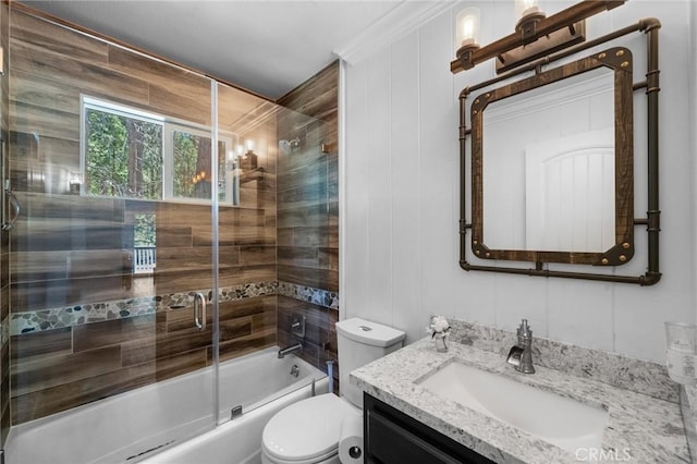 635 Grass Valley Rd, Lake Arrowhead, CA 92352 - full bathroom featuring vanity, shower / bath combination with glass door, and toilet