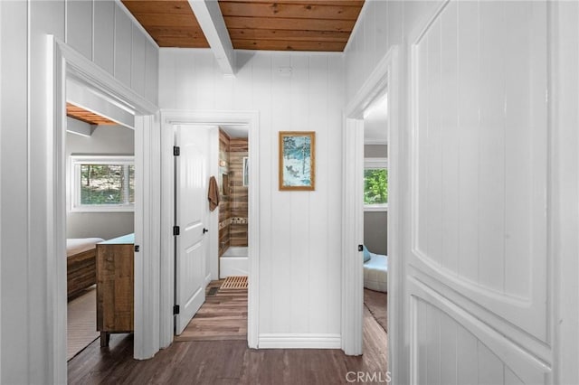 635 Grass Valley Rd, Lake Arrowhead, CA 92352 - hallway with dark wood-style flooring and wood ceiling with exposed beams