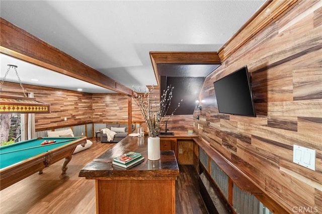 635 Grass Valley Rd, Lake Arrowhead, CA 92352 - recreation room with wooden walls, wood finished floors, a sink, and pool table