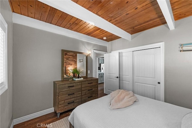 635 Grass Valley Rd, Lake Arrowhead, CA 92352 - bedroom with wooden ceiling with exposed beams, baseboards, wood finished floors, and a closet