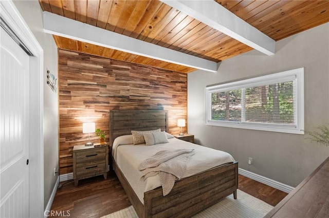 635 Grass Valley Rd, Lake Arrowhead, CA 92352 - bedroom featuring wooden walls, wood finished floors, baseboards, wood ceiling with exposed beams, and a closet