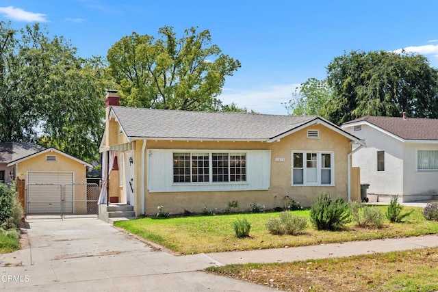 1675 N El Molino Ave, Pasadena, CA 91104 - bungalow-style home with driveway, a chimney, an outbuilding, a front yard, and stucco siding