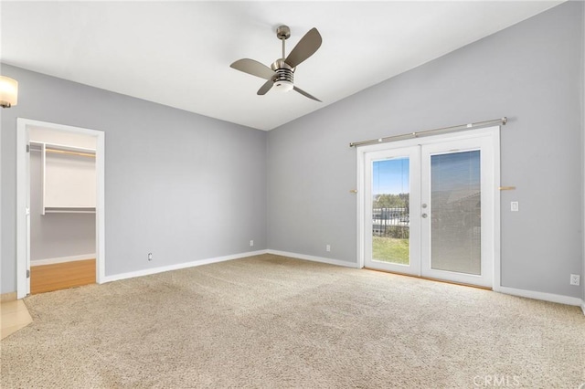 33292 Bremerton St, Dana Point, CA 92629 - carpeted empty room with ceiling fan, vaulted ceiling, baseboards, and french doors