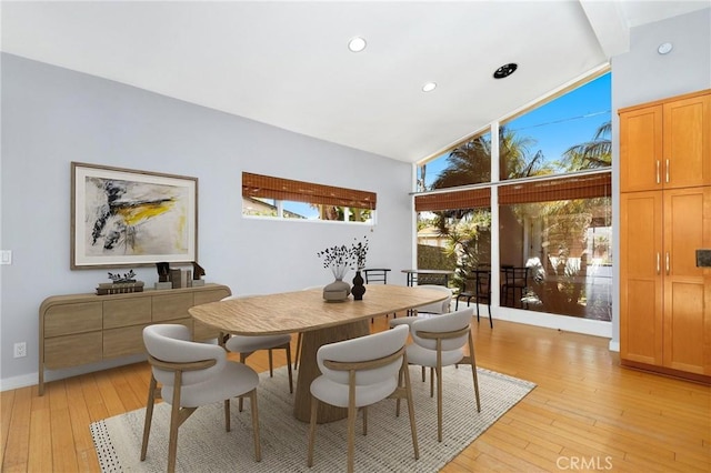 33292 Bremerton St, Dana Point, CA 92629 - dining space featuring light wood finished floors, vaulted ceiling, recessed lighting, and baseboards