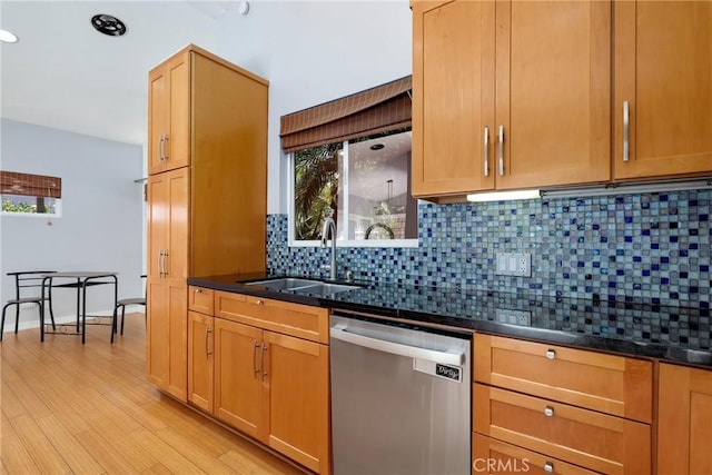 33292 Bremerton St, Dana Point, CA 92629 - kitchen with dishwasher, a sink, light wood finished floors, backsplash, and recessed lighting