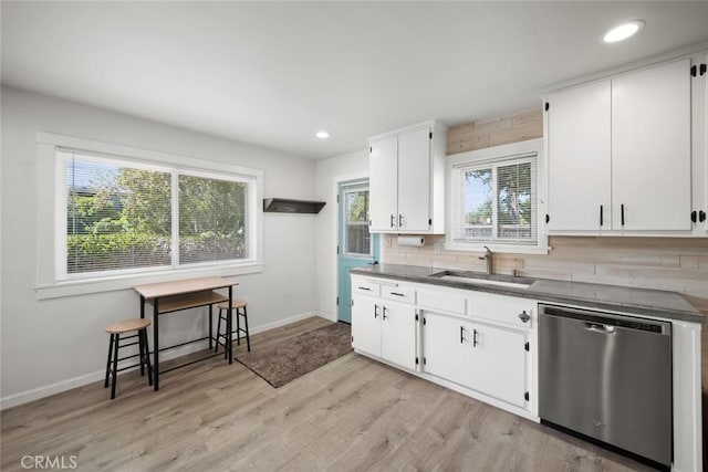 870 El Moro Ave, Los Osos, CA 93402 - kitchen featuring dishwasher, a sink, white cabinetry, light wood finished floors, and baseboards