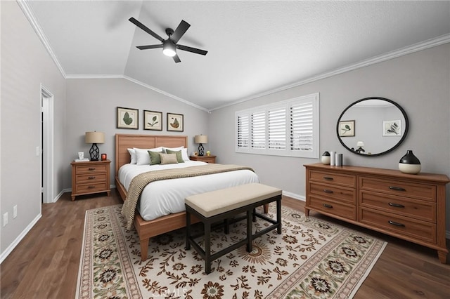 43007 Pearlwood Dr, Lancaster, CA 93536 - bedroom featuring wood finished floors, ornamental molding, baseboards, lofted ceiling, and ceiling fan