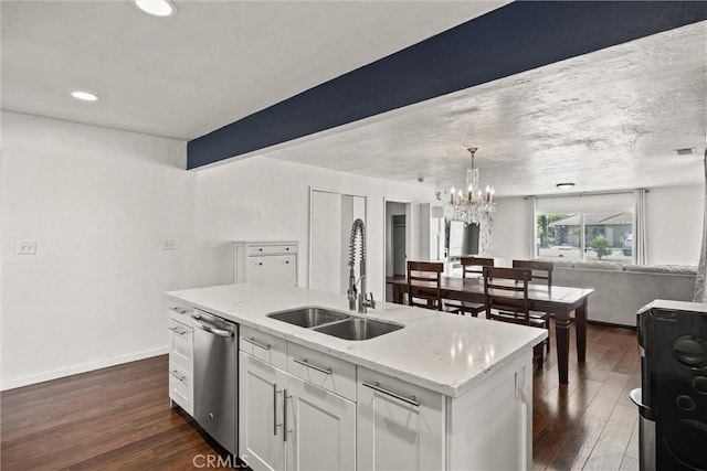 417 Jefferson St, Willows, CA 95988 - kitchen featuring a sink, stainless steel dishwasher, open floor plan, dark wood-style floors, and recessed lighting
