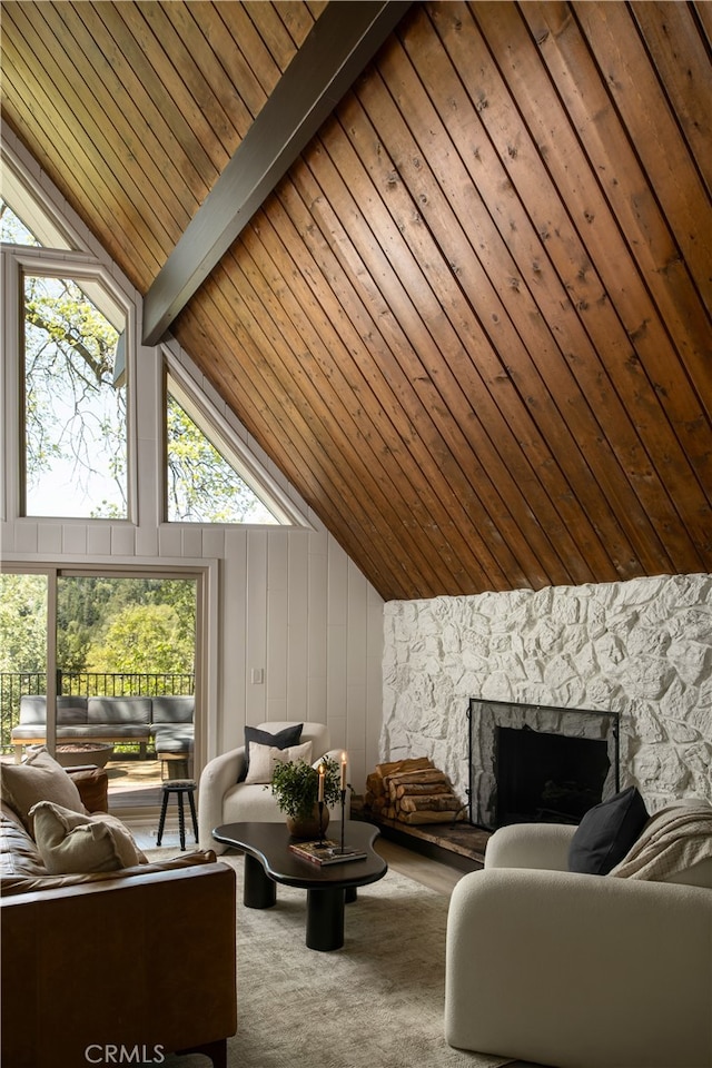 27663 N Bay Rd, Lake Arrowhead, CA 92352 - carpeted living room with wood ceiling, healthy amount of natural light, and a stone fireplace