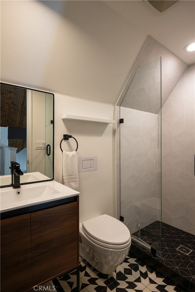 27663 N Bay Rd, Lake Arrowhead, CA 92352 - full bath featuring vanity, a tile shower, and toilet