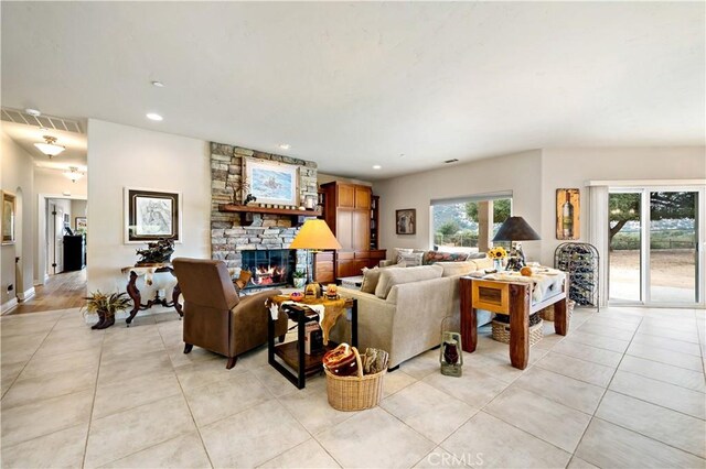10204 Mount Olympus Valley Rd, Fallbrook, CA 92028 - living area featuring light tile patterned floors, a fireplace, and recessed lighting