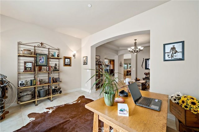 10204 Mount Olympus Valley Rd, Fallbrook, CA 92028 - office area with arched walkways, a chandelier, tile patterned floors, baseboards, and a tray ceiling