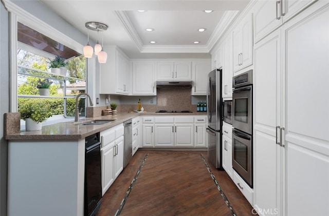 5941 E Valley Forge Dr, Orange, CA 92869 - kitchen with a sink, stainless steel appliances, crown molding, white cabinetry, and recessed lighting