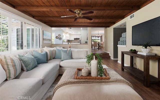 5941 E Valley Forge Dr, Orange, CA 92869 - living area featuring wooden ceiling with exposed beams, wood finished floors, ceiling fan, a chandelier, and baseboards