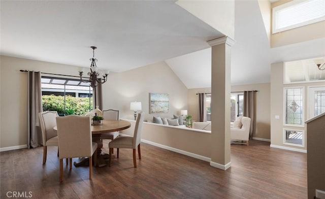 5941 E Valley Forge Dr, Orange, CA 92869 - dining room with a chandelier, healthy amount of natural light, dark wood-style floors, baseboards, and lofted ceiling