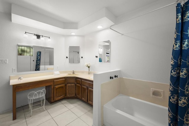 2125 Prospect St, National City, CA 91950 - bathroom featuring tile patterned flooring, a bath, vanity, recessed lighting, and a shower with shower curtain