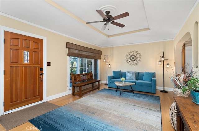 1260 Sinaloa Ave, Pasadena, CA 91104 - living area featuring wood finished floors, baseboards, a ceiling fan, arched walkways, and crown molding