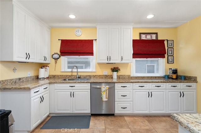 1260 Sinaloa Ave, Pasadena, CA 91104 - kitchen with dishwasher, a sink, white cabinetry, light tile patterned flooring, and recessed lighting