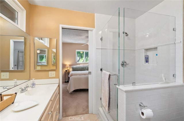 1260 Sinaloa Ave, Pasadena, CA 91104 - ensuite bathroom with a shower stall, vanity, ceiling fan, and a textured ceiling