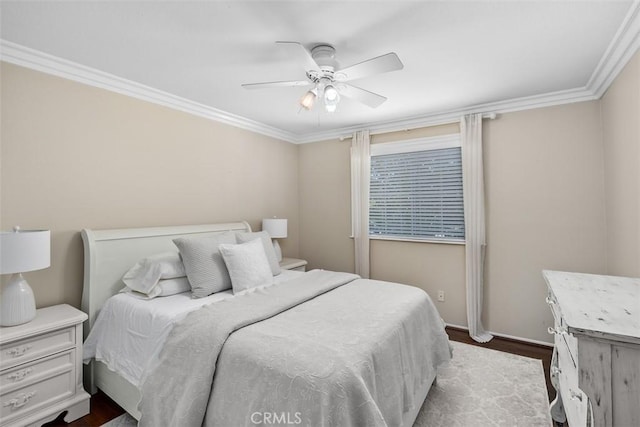 32295 Via Arias, Temecula, CA 92592 - bedroom with dark wood-style flooring, ornamental molding, a ceiling fan, and baseboards