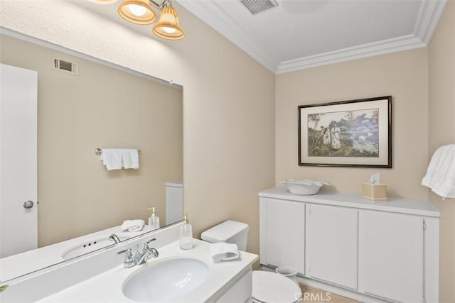 32295 Via Arias, Temecula, CA 92592 - half bathroom featuring toilet, ornamental molding, and vanity