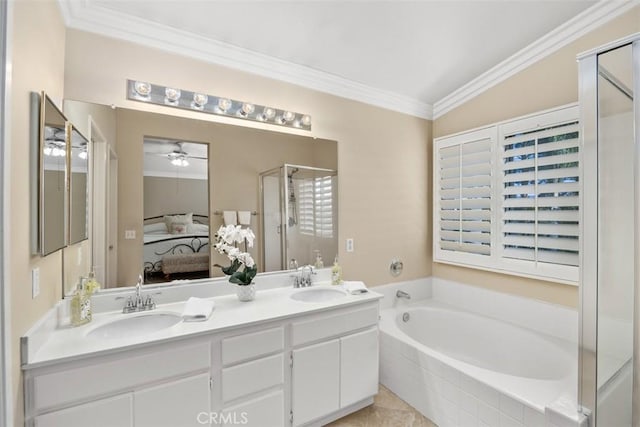 32295 Via Arias, Temecula, CA 92592 - ensuite bathroom with a stall shower, a garden tub, ornamental molding, double vanity, and a ceiling fan