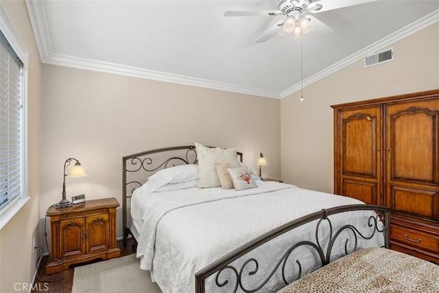 32295 Via Arias, Temecula, CA 92592 - bedroom featuring wood finished floors, ornamental molding, multiple windows, and a ceiling fan