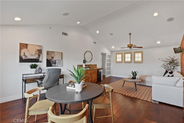 112 Del Cabo, San Clemente, CA 92673 - dining space featuring a ceiling fan, dark wood-style flooring, baseboards, recessed lighting, and high vaulted ceiling