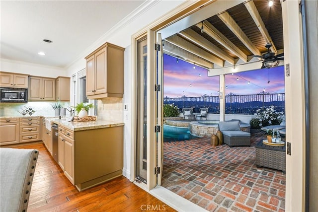 112 Del Cabo, San Clemente, CA 92673 - kitchen featuring black microwave, dishwasher, tasteful backsplash, a ceiling fan, and ornamental molding