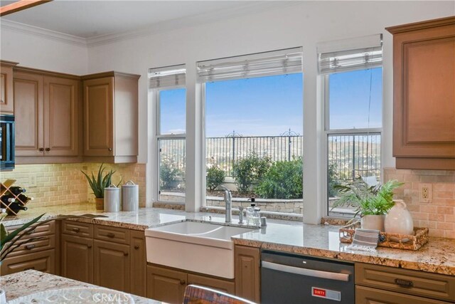 112 Del Cabo, San Clemente, CA 92673 - kitchen featuring dishwasher, a sink, decorative backsplash, light stone counters, and crown molding