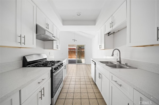 1377 Wheaton Way, Riverside, CA 92507 - kitchen with gas stove, under cabinet range hood, a sink, white cabinetry, and white dishwasher