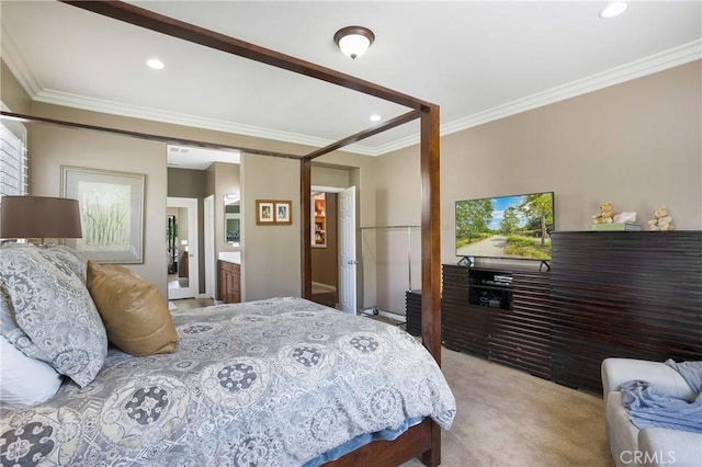 7151 Stockton Dr, Eastvale, CA 92880 - bedroom featuring crown molding, light colored carpet, and recessed lighting
