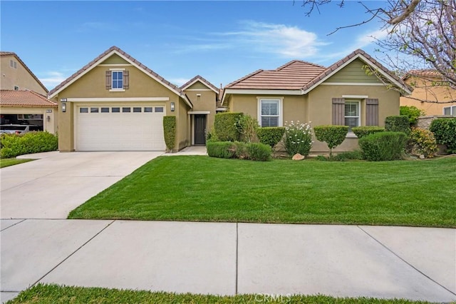 7151 Stockton Dr, Eastvale, CA 92880 - view of front of property featuring stucco siding, a front lawn, driveway, and a tile roof