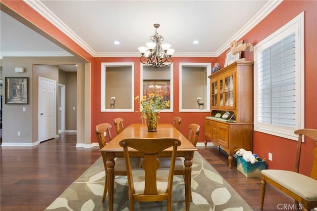7151 Stockton Dr, Eastvale, CA 92880 - dining space with dark wood-type flooring, a chandelier, baseboards, ornamental molding, and recessed lighting