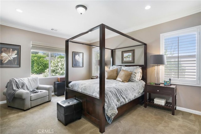 7151 Stockton Dr, Eastvale, CA 92880 - carpeted bedroom featuring crown molding, baseboards, and recessed lighting