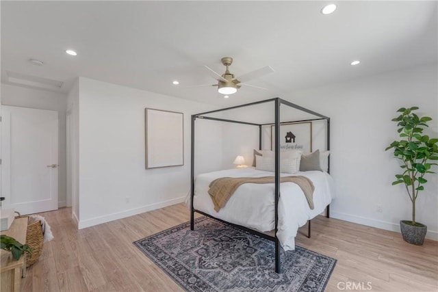 212 Oak Pl, Brea, CA 92821 - bedroom with light wood finished floors, baseboards, recessed lighting, and ceiling fan