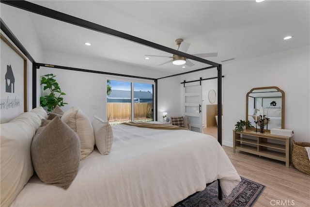 212 Oak Pl, Brea, CA 92821 - bedroom featuring a barn door, light wood-style floors, access to outside, recessed lighting, and a ceiling fan