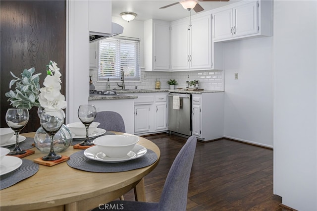 2620 W Cobblestone Rd, La Habra, CA 90631 - kitchen with stainless steel dishwasher, white cabinets, a ceiling fan, decorative backsplash, and dark wood-style flooring